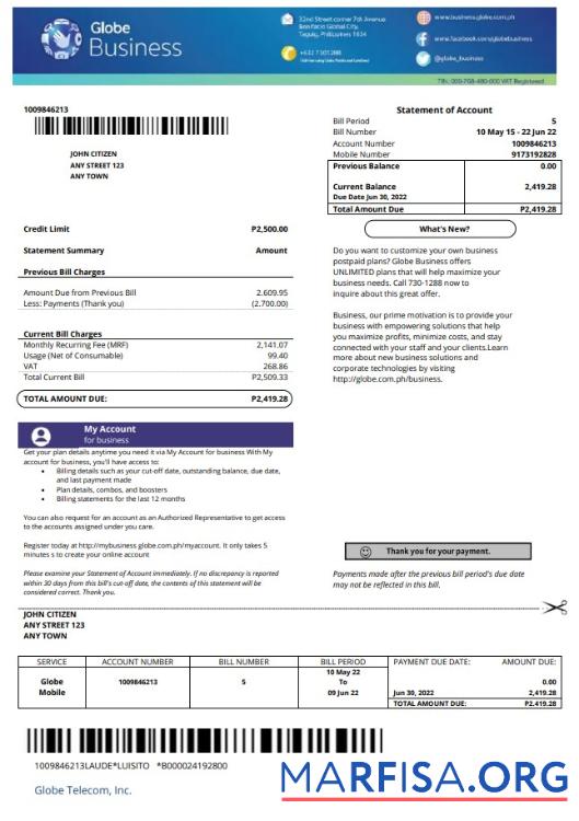 Printable Philippines Globe Business utility bill template in Word and PDF format